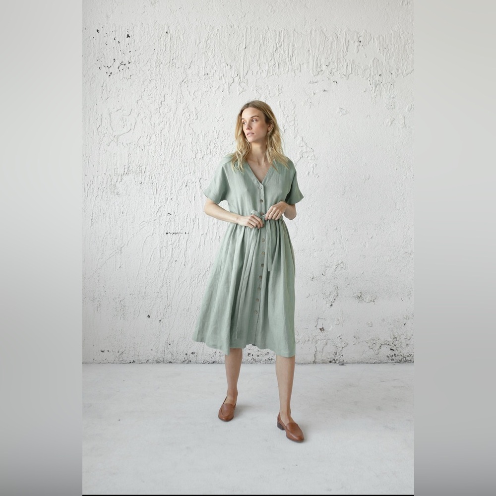 Glow In Slow | Mid Century Modern Linen Shirt Dress | Sage Green | S